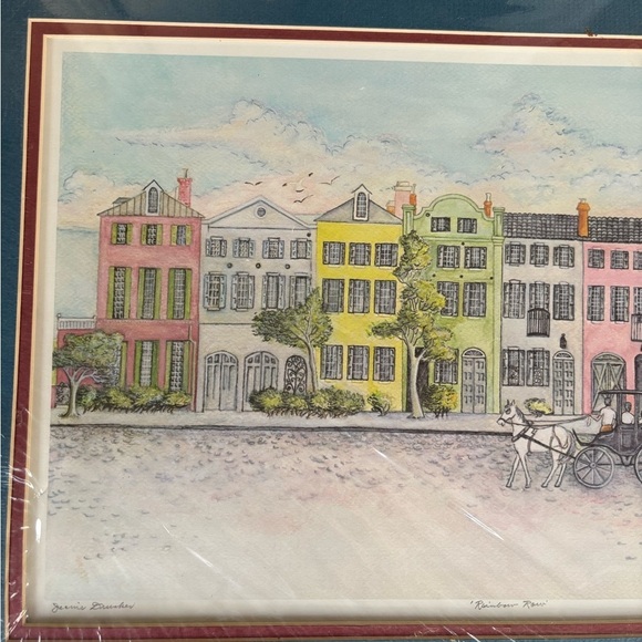 Jeanie Drucker Signed Double Matted Print Rainbow Row Charleston 22” x 14 5/8” - Picture 2 of 8